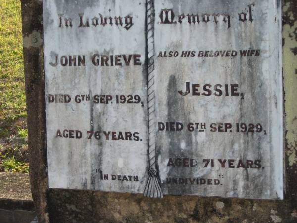 John GRIEVE  | 6 Sep 1929 aged 76  | (wife) Jessie  | 6 Sep 1929 aged 71  | Toogoolawah Cemetery, Esk shire  | 
