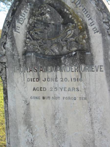 Thomas Alexander GRIEVE  | 20 Jun 1916 aged 25  | Toogoolawah Cemetery, Esk shire  | 