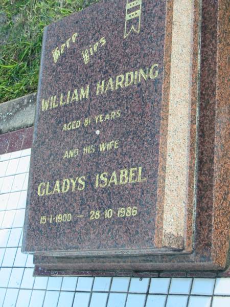 William HARDING  | aged 81  | (wife) Gladys Isabel (HARDING)  | b: 15 Jan 1900, d: 28 Oct 1986  |   | commemorating a century of pioneering enterprise 1872 - 1972  | Toogoolawah Cemetery, Esk shire  | 