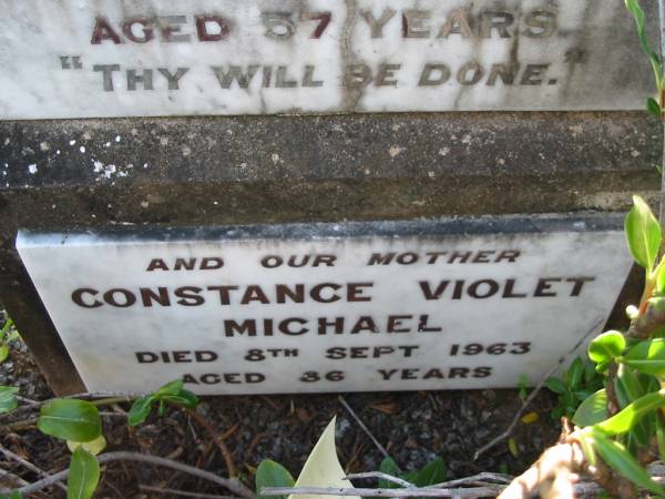 Mary Gertrude SEABORN  | 9 Nov 1935 aged 89  |   | (father) George  Wallington  MICHAEL  | 17 Apr 1937 aged 57  |   | Constance Violet MICHAEL  | 8 Sep 1963 aged 86  |   | George Wallington MICHAEL  | 1 Sep 1961 aged 45  |   | Toogoolawah Cemetery, Esk shire  | 