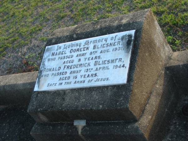 Mabel Doreen BLIESNER,  | died 8 Aug 1931 aged 8 years;  | Ronald Frederick BLIESNER,  | died 13 April 1944 aged 16 years;  | Toogoolawah Cemetery, Esk shire  | 
