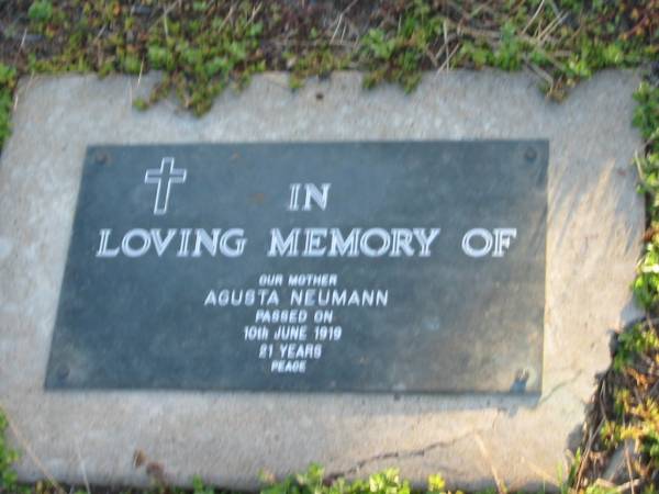 Agusta NEUMANN, mother,  | died 10 June 1919 aged 21 years;  | Toogoolawah Cemetery, Esk shire  | 