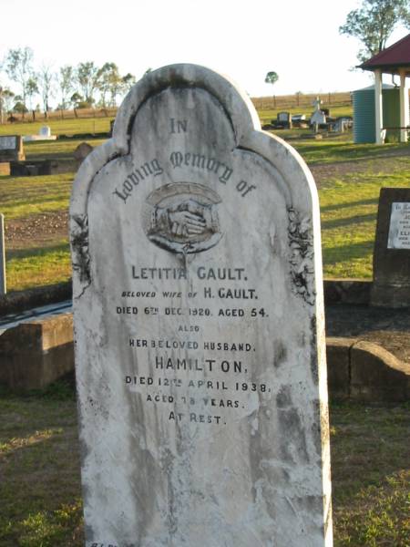 Letitia GAULT, wife of H. GAULT,  | died 6 Dec 1920 aged 54 years;  | Hamilton, husband,  | died 12 April 1938 aged 78 years;  | Toogoolawah Cemetery, Esk shire  | 