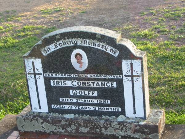 Iris Constance WOLFF, mother grandmother,  | died 3 Aug 1981 aged 59 years 5 months;  | Toogoolawah Cemetery, Esk shire  | 