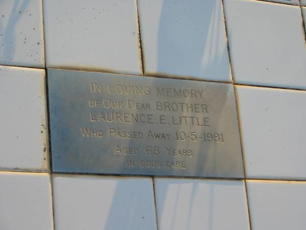 Laurence E. LITTLE, brother,  | died 10-5-1981 aged 68 years;  | Thomas A. BENNETT, father brother,  | died 7-6-1981 aged 58 years;  | Toogoolawah Cemetery, Esk shire  | 