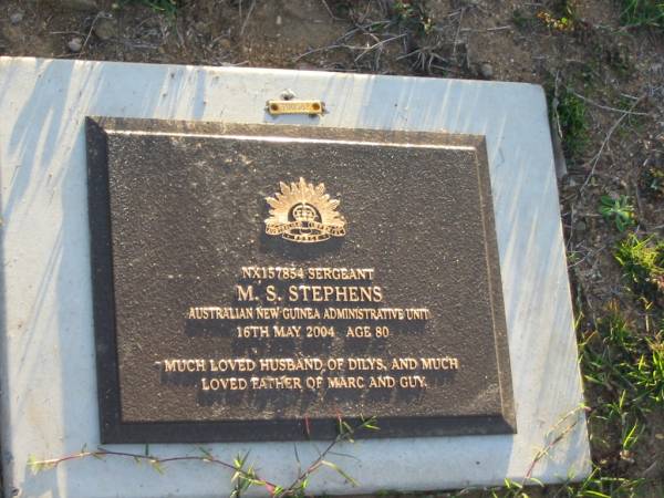 M.S. STEPHENS,  | died 15 May 2004 aged 80 years,  | husband of Dilys, father of Marc and Guy,  | Toogoolawah Cemetery, Esk shire  | 