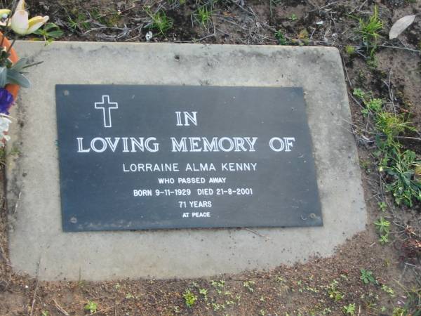 Lorraine Alma KENNY,  | born 9-11-1929 died 21-8-2001 aged 71 years;  | Toogoolawah Cemetery, Esk shire  | 