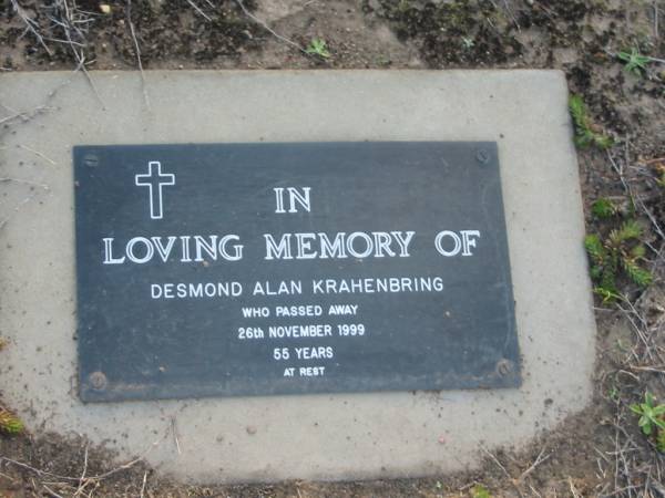 Desmond Alan KRAHENBRING,  | died 26 Nov 1999 aged 55 years;  | Toogoolawah Cemetery, Esk shire  | 