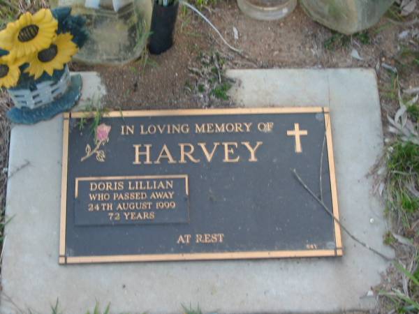 HARVEY;  | Doris Lillian,  | died 24 Aug 1999 aged 72 years;  | Toogoolawah Cemetery, Esk shire  | 