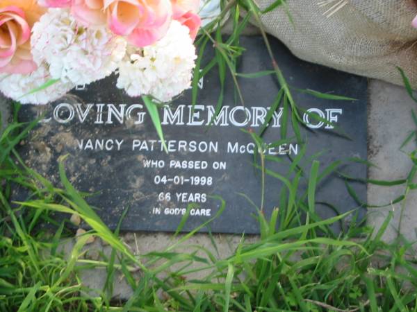 Nancy Patterson McQUEEN,  | died 04-01-1998 aged 66 years;  | Toogoolawah Cemetery, Esk shire  | 