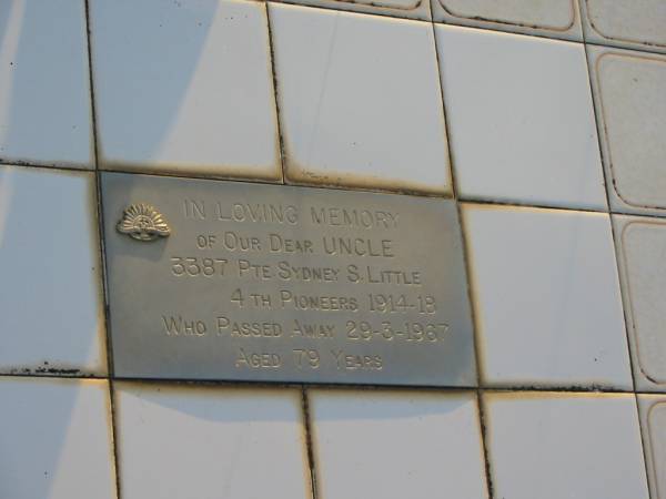 Sydney S. LITTLE, uncle,  | died 29-3-1967 aged 79 years;  | Harold G.C. LITTLE, husband father,  | died 13 July 1971 aged 76 years;  | Wilhelmine M. LITTLE, mother,  | died 15 June 1982 aged 79 years;  | Mary Jane LITTLE,  | died 2 July 1923 aged 64 years;  | Thomas R. LITTLE, grandfather,  | died 1946 aged 78 years;  | Beatrice M.G. BENNETT,  | died 9-8-1980 aged 88 years;  | Toogoolawah Cemetery, Esk shire  | 