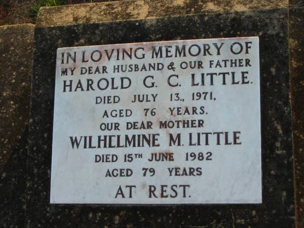 Sydney S. LITTLE, uncle,  | died 29-3-1967 aged 79 years;  | Harold G.C. LITTLE, husband father,  | died 13 July 1971 aged 76 years;  | Wilhelmine M. LITTLE, mother,  | died 15 June 1982 aged 79 years;  | Mary Jane LITTLE,  | died 2 July 1923 aged 64 years;  | Thomas R. LITTLE, grandfather,  | died 1946 aged 78 years;  | Beatrice M.G. BENNETT,  | died 9-8-1980 aged 88 years;  | Toogoolawah Cemetery, Esk shire  | 