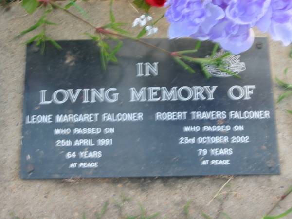 Leone Margaret FALCONER  | 25 Apr 1991 aged 64  | Robert Travers FALCONER  | 23 Oct 2002 aged 79  | Toogoolawah Cemetery, Esk shire  | 