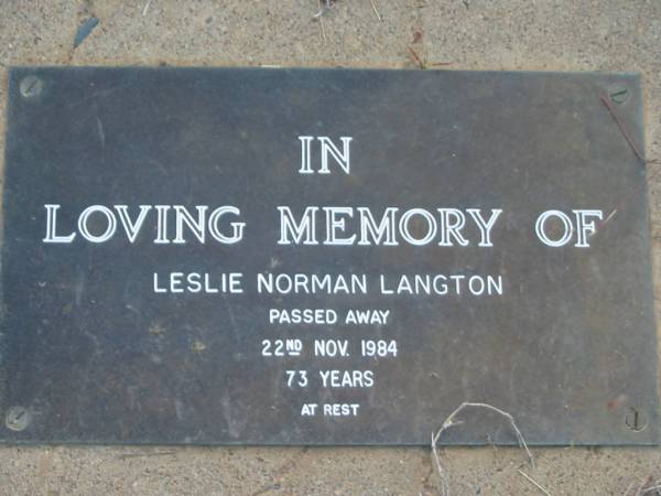Leslie Norman LANGTON  | 22 Nov 1984 aged 73  | Toogoolawah Cemetery, Esk shire  | 