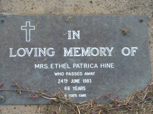 Ethel Patrica HINE  | 24 Jun 1983 aged 68  | Toogoolawah Cemetery, Esk shire  | 