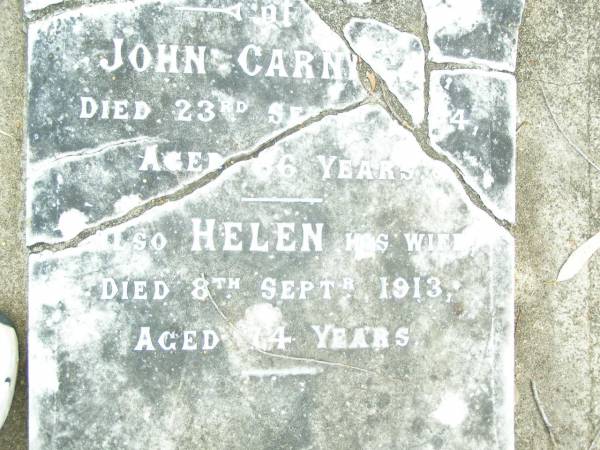 John Carnegie  | d: 23 Sep 1903, aged 66 years  | (wife) Helen Carnegie  | d: 8 Sep 1903, aged 74 years  | Caboolture historic site - Toorbul Cemetery Reserve  |   | 