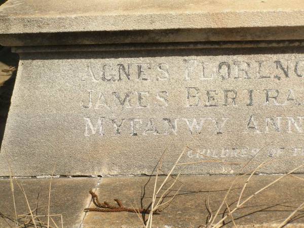 John PETRIE  | d: 20 Mar 1887  | aged 29  | (second son of John and Jane K PETRIE)  |   | Agnes BAYNES (nee PETRIE)  | d: 27 Aug 1887  | aged 22  | their fourth daughter  | (wife of George BAYNES)  |   | James PETRIE  | d: 16 Jul 1905  | aged 44  | third son  | (husband of Annie PETRIE)  |   | children of above James and Annie PETRIE  | Agnes Florence PETRIE  | d: 25 Nov 1914 aged 28  |   | James Bertram PETRIE  | d: 29 Jul 1014 aged 27  |   | Myfanwy Ann PETRIE  | d: 17 Dec 1895, aged 14 months  |   | Brisbane General Cemetery (Toowong)  |   |   | 