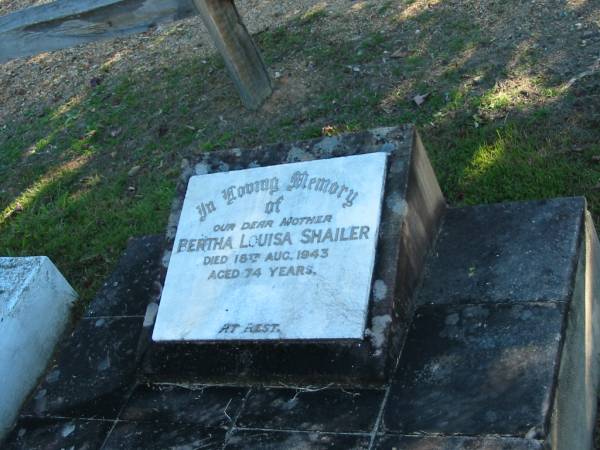 Bertha Louisa SHAILER  | 18 Aug 1943  | aged 74  |   | Tygum Pioneer Cemetery, Logan City  | 