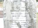 Hannah UNWIN, mother, died 7 Jan 1899 aged 60 years; Charles UNWIN, husband, died 30 April 1923 aged 85 years; Betsy Ann TINNEY, died 8 Sept 1922; Charles SYMONDS, son, died 26 Aug 1917 aged 56 years; Upper Caboolture Uniting (Methodist) cemetery, Caboolture Shire 