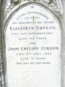 Elizabeth DOBSON, mother, died 20 Sept 1874 aged 53 years; John Gregory DOBSON, father, died 11 July 1900 aged 81 years; Upper Caboolture Uniting (Methodist) cemetery, Caboolture Shire 