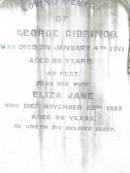 George GIBBINGS, died 4 Jan 1911 aged 69 years; Eliza Jane, wife, died 22 Nov 1923 aged 86 years; Upper Caboolture Uniting (Methodist) cemetery, Caboolture Shire 