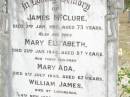 James MCCLURE, died 2 Jan 1918 aged 73 years; Mary Elizabeth, wife, died 22 Jan 1944 aged 87 years; children: Mary Ada, died 8 July 1932 aged 67 years; William James, died Longreach 24 Nov 1899 aged 20 years; Arthur Walter, died 21 Feb 1906 aged 18 years; Beatrice Amy, died Feb 1893 aged 4 years; James Atkinson & Gertrude Louisa, died in infancy; Atkinson MCCLURE, born County Armagh Ireland, accidentally drowned 24-12-1868 Amby Downs Station aged 27 years; John William MCCLURE, died 8-7-93 aged 68 years, missed by brothers & sisters; Ethel Jane MCCLURE, died 5 May 1973 aged 82 years; Albert John MCCLURE, died 24 July 1961 aged 79 years; Alfred Thomas MCCLURE, died 1 Nov 1876 aged 82 years; Raymond MCCLURE (Curly), twin to Betty R.I.P. Lawton, died 24-8-01 aged 74; Upper Caboolture Uniting (Methodist) cemetery, Caboolture Shire 