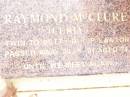 James MCCLURE, died 2 Jan 1918 aged 73 years; Mary Elizabeth, wife, died 22 Jan 1944 aged 87 years; children: Mary Ada, died 8 July 1932 aged 67 years; William James, died Longreach 24 Nov 1899 aged 20 years; Arthur Walter, died 21 Feb 1906 aged 18 years; Beatrice Amy, died Feb 1893 aged 4 years; James Atkinson & Gertrude Louisa, died in infancy; Atkinson MCCLURE, born County Armagh Ireland, accidentally drowned 24-12-1868 Amby Downs Station aged 27 years; John William MCCLURE, died 8-7-93 aged 68 years, missed by brothers & sisters; Ethel Jane MCCLURE, died 5 May 1973 aged 82 years; Albert John MCCLURE, died 24 July 1961 aged 79 years; Alfred Thomas MCCLURE, died 1 Nov 1876 aged 82 years; Raymond MCCLURE (Curly), twin to Betty R.I.P. Lawton, died 24-8-01 aged 74; Upper Caboolture Uniting (Methodist) cemetery, Caboolture Shire 