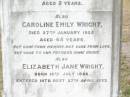 J. Edwin WRIGHT, died 1 April 1883 aged 18 years; Florance A. WRIGHT, died 22 Feb 1878 aged 2 years; Caroline Emily WRIGHT, died 27 Jan 1925 aged 45 years; Elizabeth Jane WRIGHT, born 10 July 1866 died 27 April 1933; Upper Caboolture Uniting (Methodist) cemetery, Caboolture Shire 