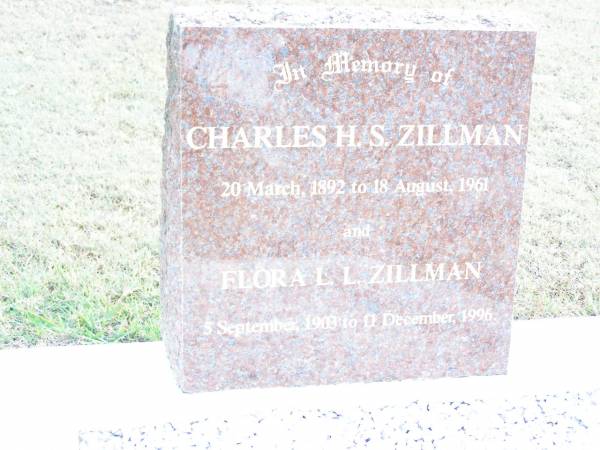 Charles H.S. ZILLMAN,  | 20 March 1892 - 18 August 1961;  | Flora L.L. ZILLMAN,  | 5 September 1903 - 11 December 1996;  | Upper Caboolture Uniting (Methodist) cemetery, Caboolture Shire  | 