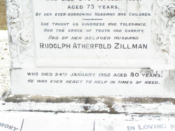 Agnes Emily ZILLMAN,  | died 24 Oct 1935 aged 73 years,  | erected by husband & children;  | Rudolph Atherfold ZILLMAN, husband,  | died 24 Jan 1952 aged 80 years;  | R.V. Redvers ZILLMAN, son,  | died 2 Sept 1975 aged 74 years;  | Edith Lorna ZILLMAN, wife of J.R.F. ZILLMAN,  | born 5-10-1903 died 25-11-1995;  | J. Rolly ZILLMAIN,  | died 5-12-84 aged 86 years,  | husband of Lorna,  | father of Allan, Graham, Kenneth & families;  | Upper Caboolture Uniting (Methodist) cemetery, Caboolture Shire  | 