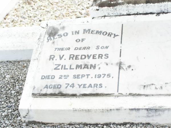 Agnes Emily ZILLMAN,  | died 24 Oct 1935 aged 73 years,  | erected by husband & children;  | Rudolph Atherfold ZILLMAN, husband,  | died 24 Jan 1952 aged 80 years;  | R.V. Redvers ZILLMAN, son,  | died 2 Sept 1975 aged 74 years;  | Edith Lorna ZILLMAN, wife of J.R.F. ZILLMAN,  | born 5-10-1903 died 25-11-1995;  | J. Rolly ZILLMAIN,  | died 5-12-84 aged 86 years,  | husband of Lorna,  | father of Allan, Graham, Kenneth & families;  | Upper Caboolture Uniting (Methodist) cemetery, Caboolture Shire  | 