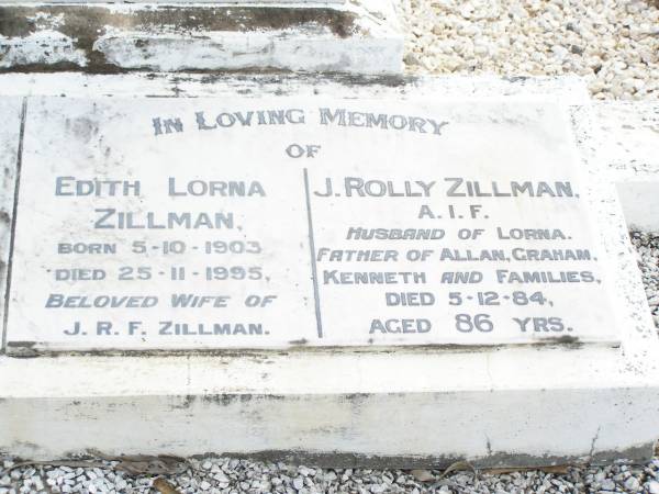 Agnes Emily ZILLMAN,  | died 24 Oct 1935 aged 73 years,  | erected by husband & children;  | Rudolph Atherfold ZILLMAN, husband,  | died 24 Jan 1952 aged 80 years;  | R.V. Redvers ZILLMAN, son,  | died 2 Sept 1975 aged 74 years;  | Edith Lorna ZILLMAN, wife of J.R.F. ZILLMAN,  | born 5-10-1903 died 25-11-1995;  | J. Rolly ZILLMAIN,  | died 5-12-84 aged 86 years,  | husband of Lorna,  | father of Allan, Graham, Kenneth & families;  | Upper Caboolture Uniting (Methodist) cemetery, Caboolture Shire  | 