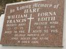 
William Francis HART,
died 22-12-71 aged 70 years;
Lorna Edith HART,
died 15-5-95 aged 95 years;
parents of Joyce, Desley & Kevin;
Upper Coomera cemetery, City of Gold Coast
