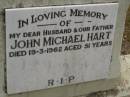 
John Michael HART,
husband father,
died 19-3-1962 aged 51 years;
Upper Coomera cemetery, City of Gold Coast
