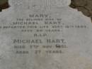 Mary, wife of Michael HART, died 18 Sept 1893 aged 50 years; Michael HART, died Nov 1921 aged 77 years; Upper Coomera cemetery, City of Gold Coast 