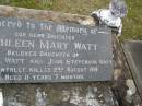 
Kathleen Mary WATT,
daughter of Mary Ann WATT & John Stevenson WATT,
accidentally killed 2 Aug 1916 aged 11 years 7 months;
Upper Coomera cemetery, City of Gold Coast
