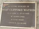 
Bert Clifford WATSON,
22-10-1928 - 27-10-1998;
Upper Coomera cemetery, City of Gold Coast
