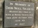 Dion Noel SIGANTO, only child of Jesse & Muriel SIGANTO (decd), died 23 Oct 1987 aged 43 years; Upper Coomera cemetery, City of Gold Coast 