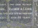 
Jesse BIRD,
father,
died 6 June 1919 aged 69 years;
Elenor A.C. BIRD,
mother,
died 22 Oct 1947 aged 85 years;
Upper Coomera cemetery, City of Gold Coast
