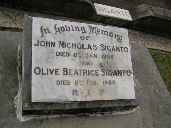 John Nicholas SIGANTO,  | died 8 Jan 1958;  | Olive Beatrice SIGANTO,  | died 8 Feb 1980;  | Upper Coomera cemetery, City of Gold Coast  | 