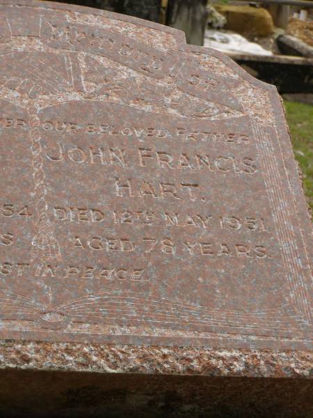 Annie HART,  | mother,  | died 13 June 1954 aged 81 years;  | John Francis HART,  | father,  | died 12 May 1951 aged 78 years;  | Upper Coomera cemetery, City of Gold Coast  | 