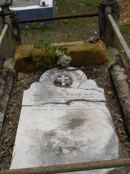 John MATHEWSON junior,  | accidentally killed 24 Sept 1919 aged 42 years,  | erected by parents;  | Upper Coomera cemetery, City of Gold Coast  | 