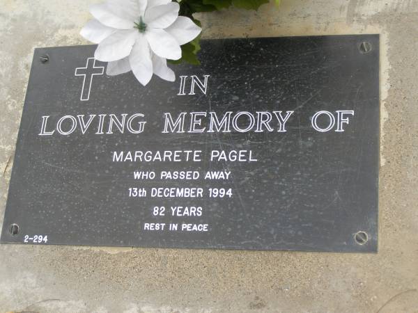 Margarete PAGEL,  | died 13 Dec 1994 aged 82 years;  | Upper Coomera cemetery, City of Gold Coast  | 