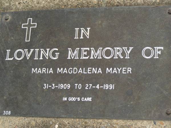 Maria Magdalena MAYER,  | 31-3-1909 - 27-4-1991;  | Upper Coomera cemetery, City of Gold Coast  | 