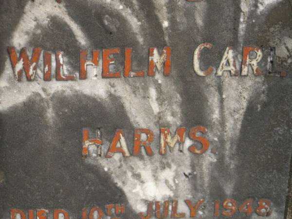 Barbara HARMS,  | died 24 Sept 1935 aged 76 years;  | Wilhelm Carl HARMS,  | died 10 July 1948 aged 89 years;  | Upper Coomera cemetery, City of Gold Coast  | 