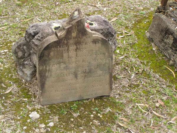 Audley Baskerville MYNORS,  | fourth son of late Robert Baskerville MYNORS  | of Evancoyd Radnorshire and wife Ellen Gray,  | accidentally drowned in Coomera River 8 Dec 1892 aged 31 years;  | Upper Coomera cemetery, City of Gold Coast  | 