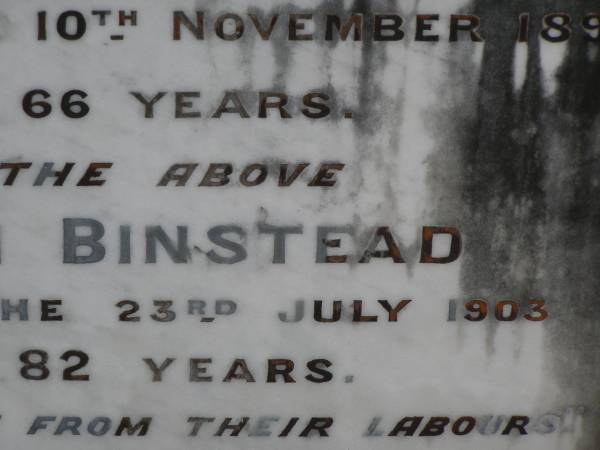 Mary BINSTEAD,  | wife of William BINSTEAD,  | died 10 Nov 1894 aged 66 years;  | William BINSTEAD,  | died 23 July 1903 aged 82 years;  | Upper Coomera cemetery, City of Gold Coast  | 