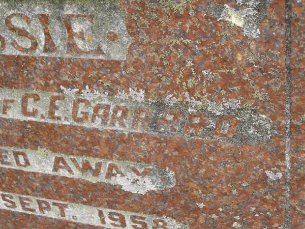 Jessie,  | wife of C.E. GARRARD,  | died 17 Sept 1958 aged 59 years;  | Upper Coomera cemetery, City of Gold Coast  | 