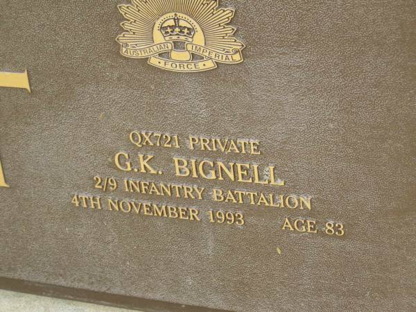 G.K. BIGNELL,  | died 4 Nov 1993 aged 83 years;  | Upper Coomera cemetery, City of Gold Coast  | 