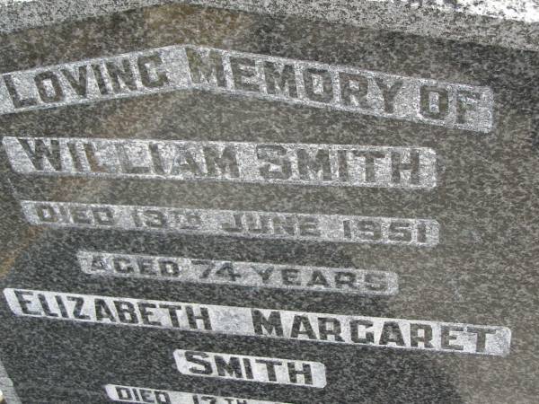 William SMITH,  | died 13 June 1951 aged 74 years;  | Elizabeth Margaret SMITH,  | died 13 June 1962 aged 84 years;  | Upper Coomera cemetery, City of Gold Coast  | 